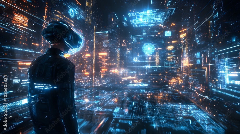 Experiencing virtual technology world. Mixed media. Experiencing virtual technology world. Mixed media.