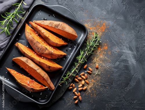 Indonesian Delight: Baked Sweet Potato Ubi Cilembu on a Black Tray photo