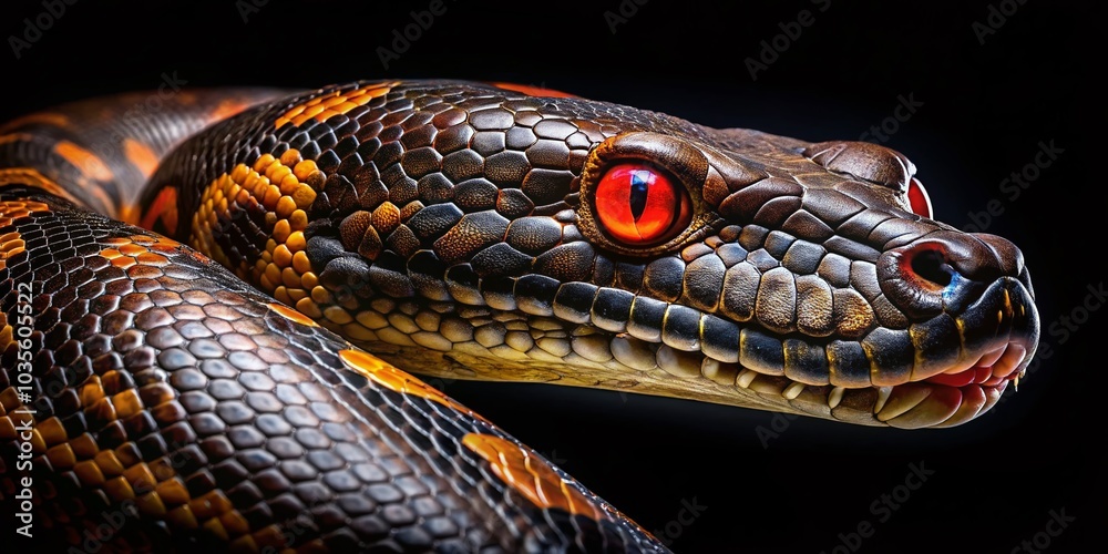 Aerial View of Anaconda Face with Shiny Red Eye on Black Background - Nature Photography Aerial View of Anaconda Face with Shiny Red Eye on Black Background - Nature Photography