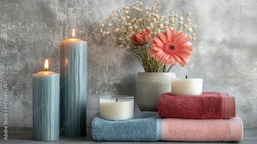 Relaxing Spa Setup with Candles and Towels Relaxing Spa Setup with Candles and Towels
