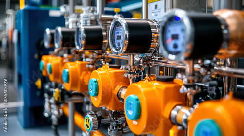 High tech industrial equipment featuring orange and silver gauges and valves, showcasing advancements in renewable energy technology and efficiency