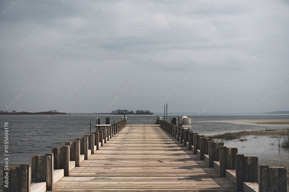 A long wooden pier extending into a body of water under an overcast sky A long wooden pier extending into a body of water under an overcast sky