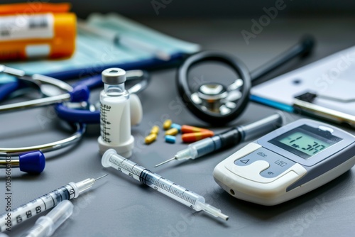 Medicine, Diabetes, Glycemia, Health care and people concept - close up of lancelet, Glucose meter and stethoscope on gray background. photo