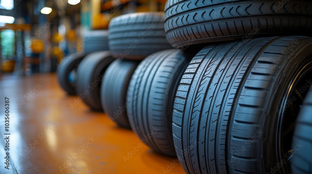 New tires are arranged in a neat row within a tire shop, showcasing their tread patterns and designs, ready for customer installation. The bright environment highlights their quality. New tires are arranged in a neat row within a tire shop, showcasing their tread patterns and designs, ready for customer installation. The bright environment highlights their quality.