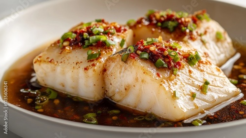 A dish of steamed fish garnished with herbs and spices in a savory sauce.