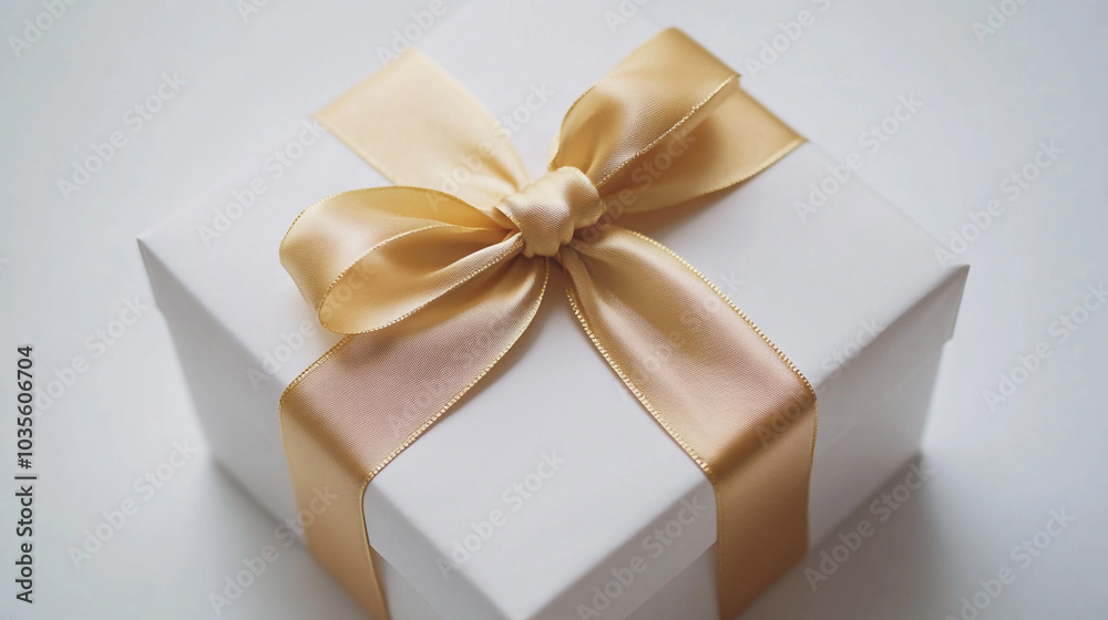 White Gift Box with Golden Ribbon and Bow