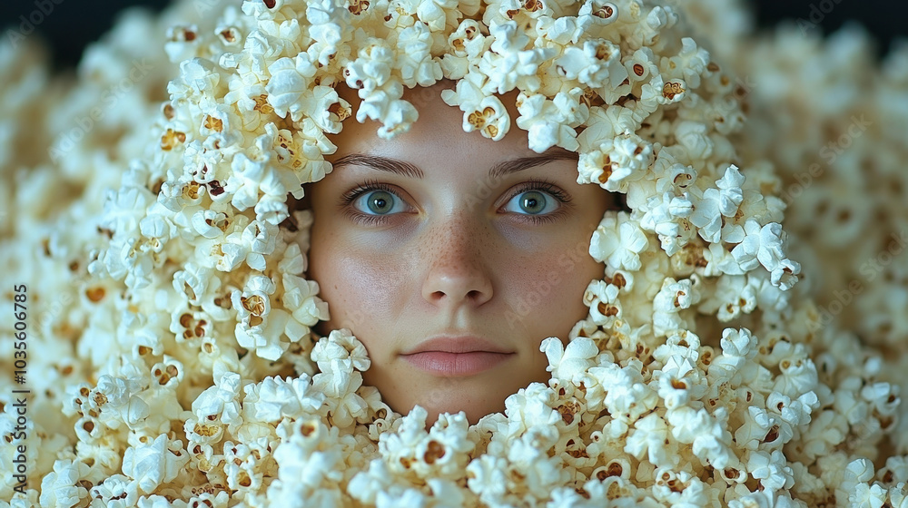 Movie binge fan portrait with popcorn surround. World cinema day.