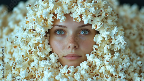 Obraz na płótnie Movie binge fan portrait with popcorn surround. World cinema day. w salonie