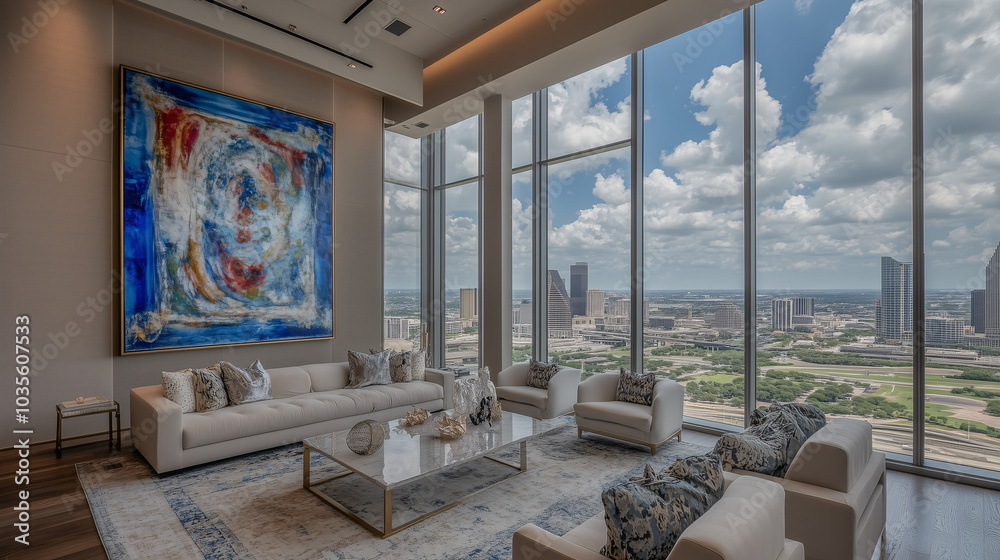 Fototapeta premium Open-concept living area with a neutral color palette and floor-to-ceiling windows