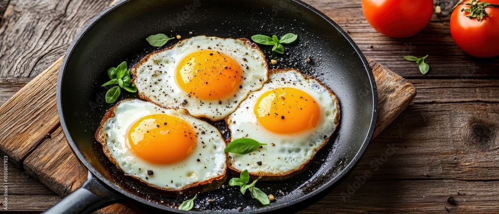 Three perfectly cooked fried eggs in a black frying pan with fresh herbs and tomatoes on a rustic wooden table. Three perfectly cooked fried eggs in a black frying pan with fresh herbs and tomatoes on a rustic wooden table.