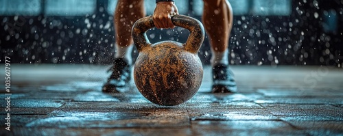 A kettlebell in mid-air, as someone swings it during a workout, emphasizing strength photo