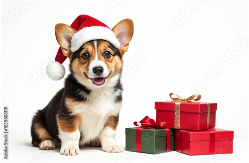 Cute corgi puppy in a santa's hat with christmas gifts on a white background. Ideal for christmas advertising of pet's shop, store, grooming, feed. Christmas greeting card. Copyspace