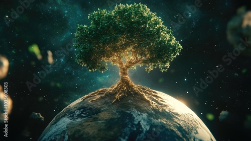 A tree made of light growing from a globe, with roots connecting deeply to the Earth, symbolizing their intertwined existence photo