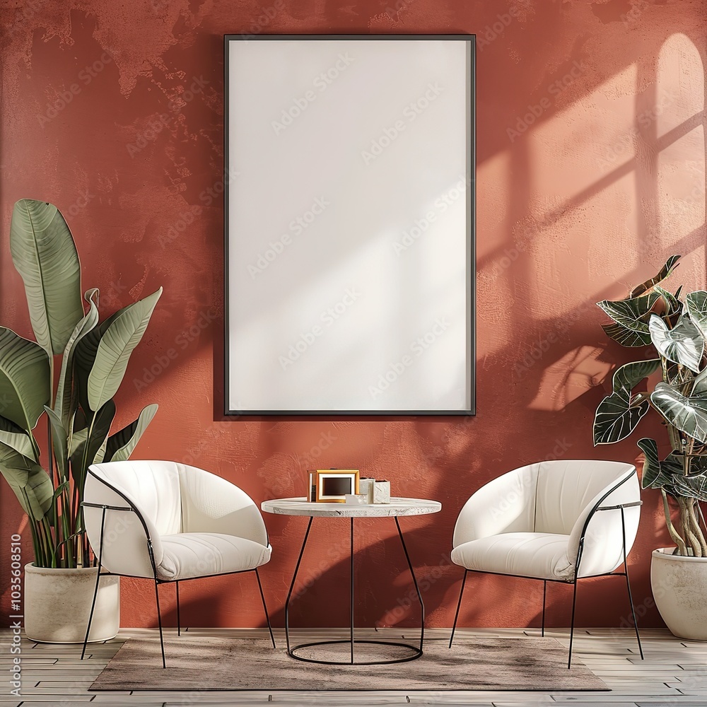Fototapeta premium BLANK FRAMED MOCKUP, LIVING ROOM, TABLE AND CHAIRS, LIGHT RED ACCENT DECOR , Generative Ai