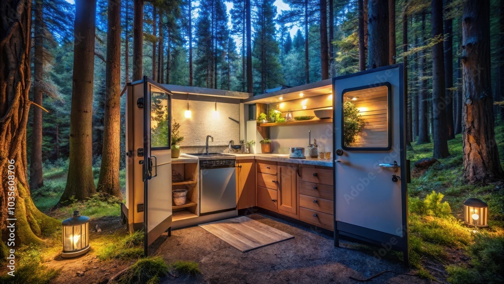 Fototapeta premium A small, modern kitchen nestled within a tranquil forest setting, bathed in the soft glow of warm, inviting lights.