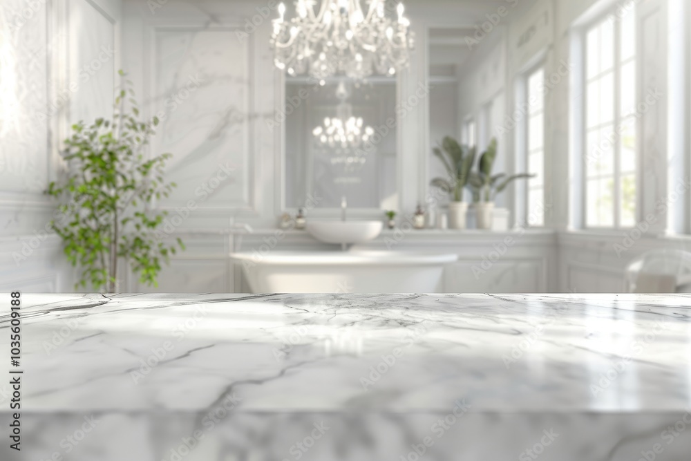 Marble Countertop with Blurred Bathroom Background Marble Countertop with Blurred Bathroom Background