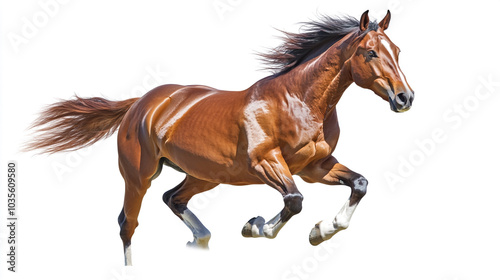 Powerful Chestnut Horse Galloping Isolated on White Background