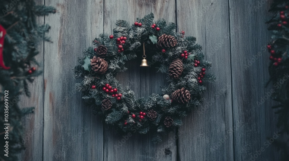 A Christmas wreath made of pinecones, holly berries, and tiny bells hanging on a wooden door A Christmas wreath made of pinecones, holly berries, and tiny bells hanging on a wooden door