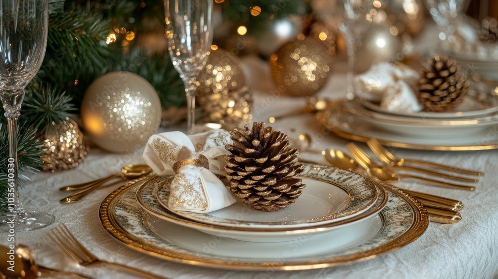 A festive table setting with pinecones as napkin holders, next to golden cutlery and holiday decorations A festive table setting with pinecones as napkin holders, next to golden cutlery and holiday decorations