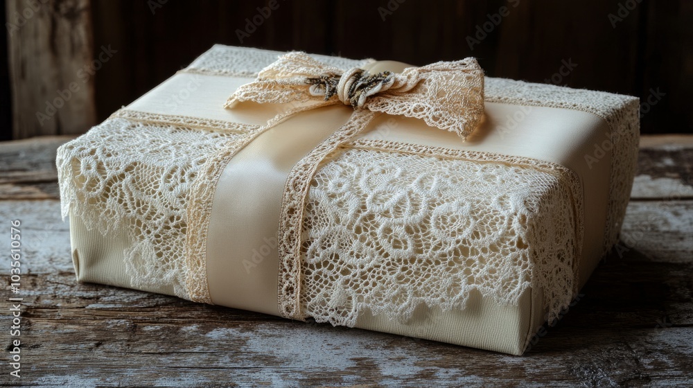 A gift box with lace ribbon and bow radiates elegance under gentle lighting on a rustic table A gift box with lace ribbon and bow radiates elegance under gentle lighting on a rustic table