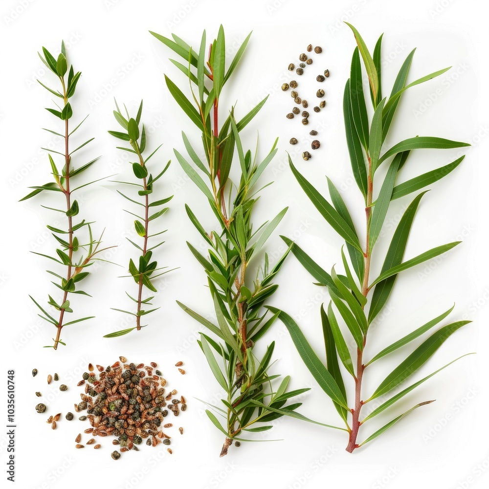 Obraz premium Melaleuca (tea tree) twigs with leaves and seeds. Isolated on white background.