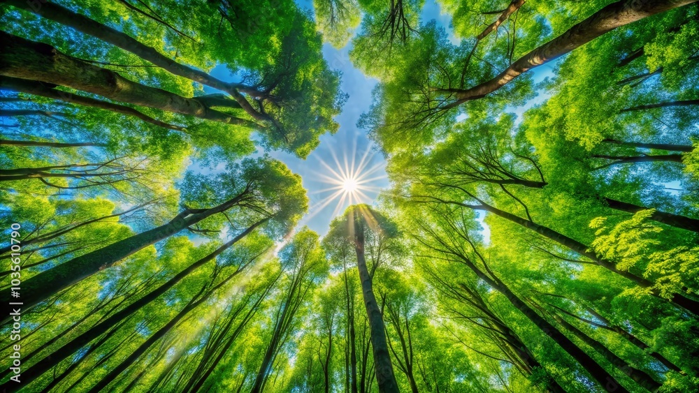 Urban Exploration in Nature: Green Forest Trees Against a Blue Sky with Sunlight Urban Exploration in Nature: Green Forest Trees Against a Blue Sky with Sunlight