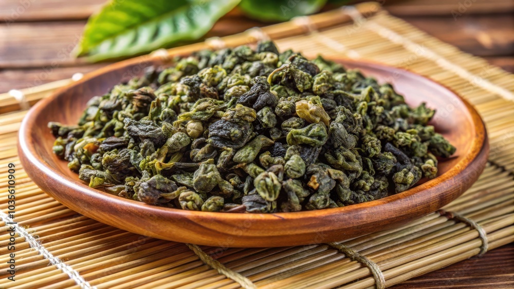 A close-up view of dried green tea leaves in a wooden bowl, resting on a bamboo mat, ready to be brewed into a refreshing and flavorful beverage. A close-up view of dried green tea leaves in a wooden bowl, resting on a bamboo mat, ready to be brewed into a refreshing and flavorful beverage.
