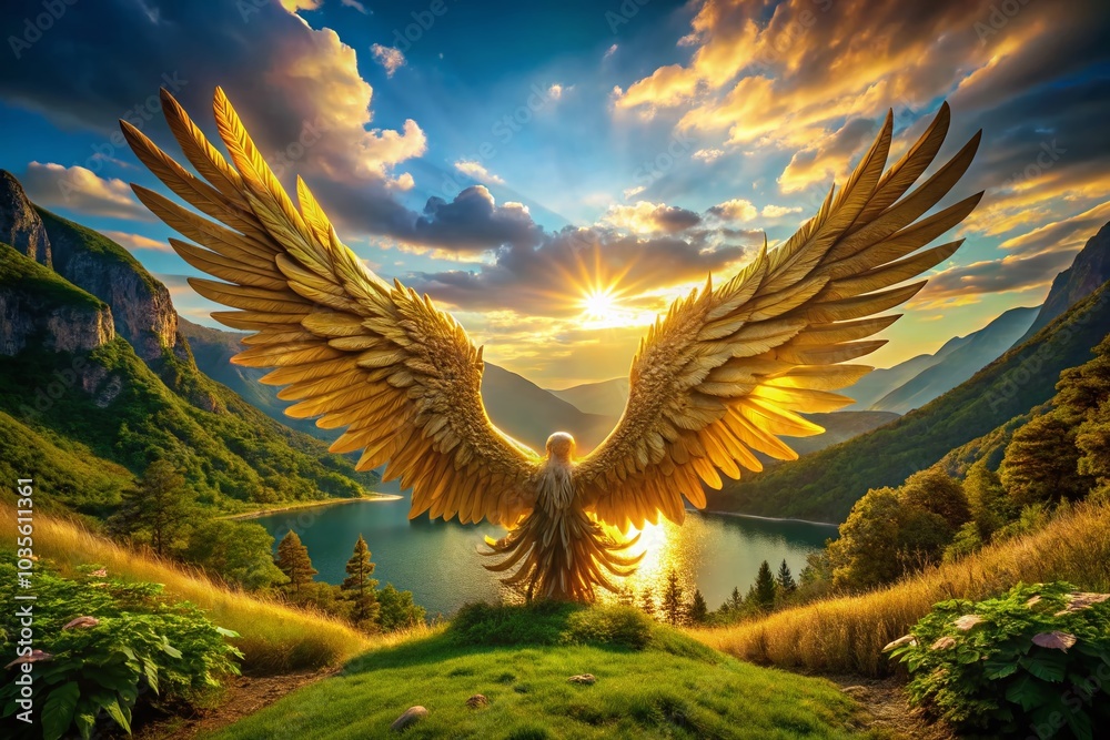 Obraz premium Aerial View of Golden Angel Wings in Majestic Landscape for Stunning Visuals
