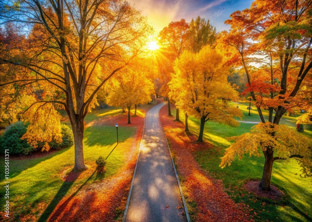 Naklejka premium Aerial View of Golden Autumn Leaves on a Serene Park Pathway Surrounded by Trees in Mid-Fall