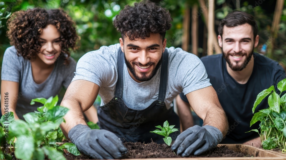 Three individuals tending to a garden, smiling as they plant new seedlings amidst lush greenery.
