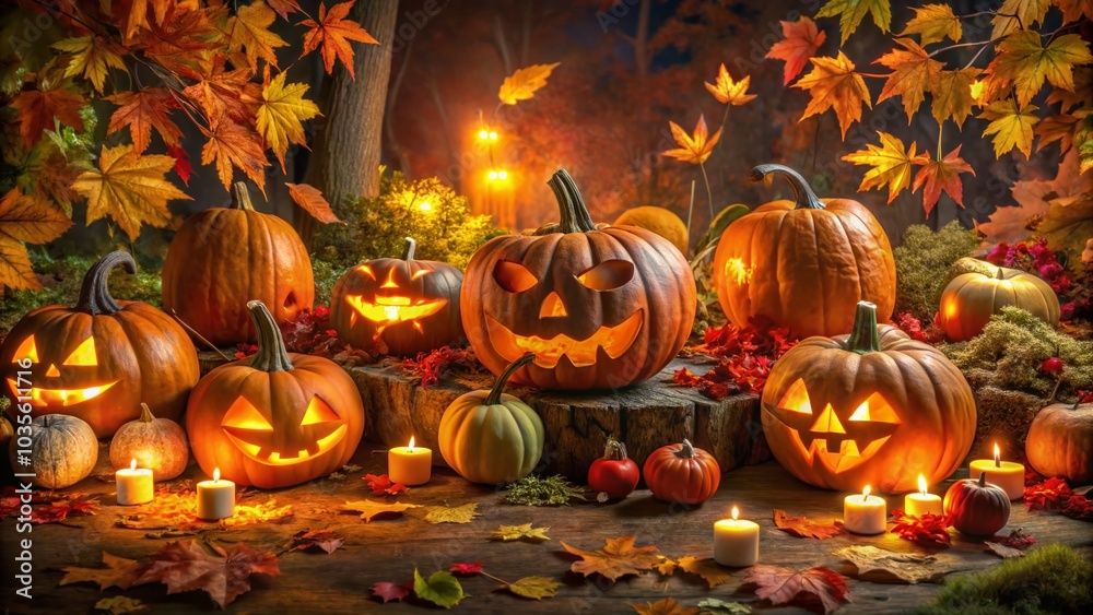 Naklejka premium Aerial View of Halloween Pumpkin Decorations and Jack-o'-Lanterns for Spooky Celebration