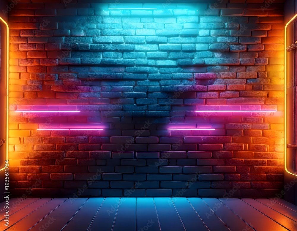 Modern futuristic neon lights on old grunge brick wall room background art, background wallpaper stone, brick wall pattern background with colorful futuristic neon lights, 3D rendering architecture, c Modern futuristic neon lights on old grunge brick wall room background art, background wallpaper stone, brick wall pattern background with colorful futuristic neon lights, 3D rendering architecture, c