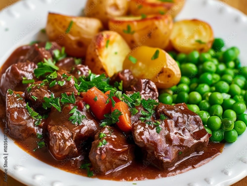 Savory Beef Stew Delight: Carrots, Parsley, Baked Potatoes, and Green Peas Savory Beef Stew Delight: Carrots, Parsley, Baked Potatoes, and Green Peas