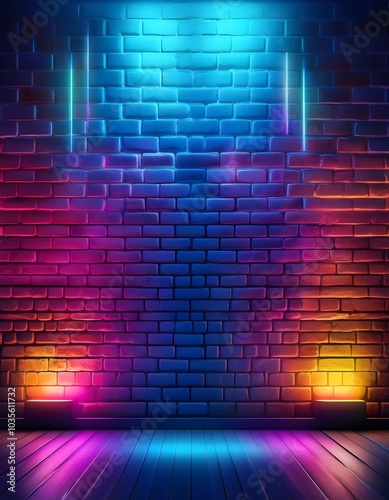 Modern futuristic neon lights on old grunge brick wall room background art, background wallpaper stone, brick wall pattern background with colorful futuristic neon lights, 3D rendering architecture, c