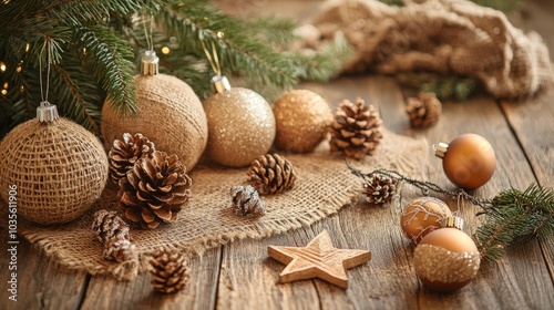 A rustic holiday scene with pinecones, wooden ornaments, and burlap decorations on a wooden table