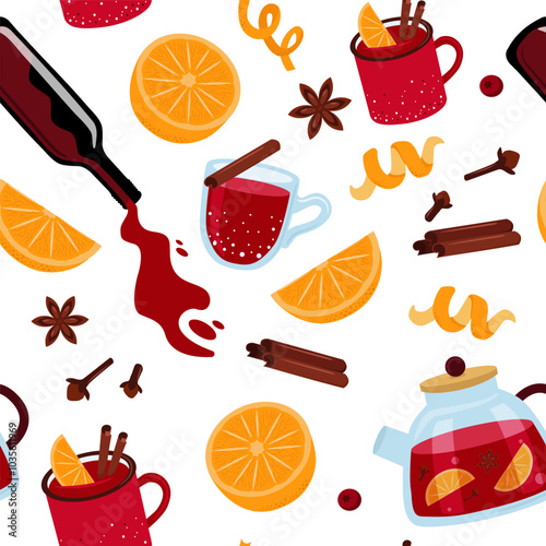 Vector seamless pattern mulled wine ingredients. Punch in glasses, mugs. Red wine, citrus, spices. Vector illustration background.