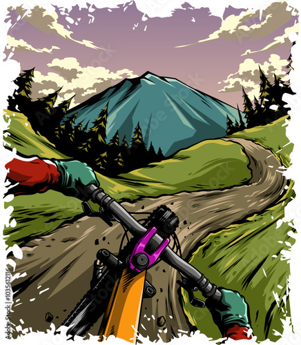 a man ride a bicycle to the mountain first person perspective view.