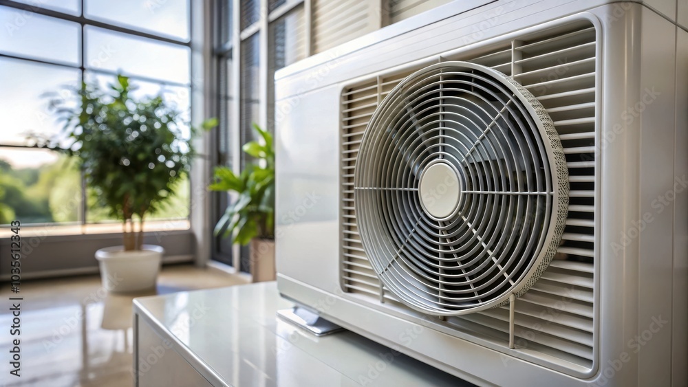 Close-up view of a white air conditioning unit's fan with a blurred window and potted plant in the background. Close-up view of a white air conditioning unit's fan with a blurred window and potted plant in the background.