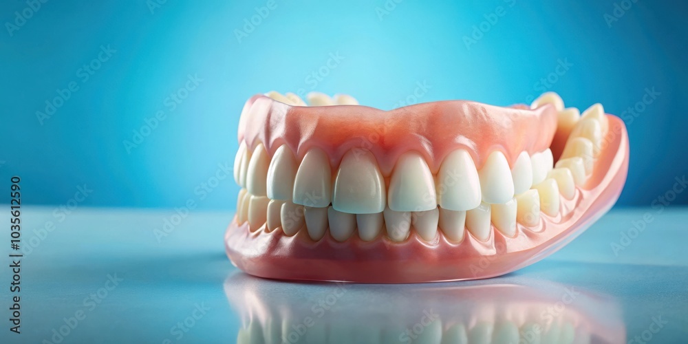 Fototapeta premium A Close-Up View of a Denture with a Row of Perfectly Aligned White Teeth Against a Blue Background