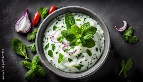 Raita with mint, herbs and onion in a bowl top view on dark grey background indian pakistani food
 photo