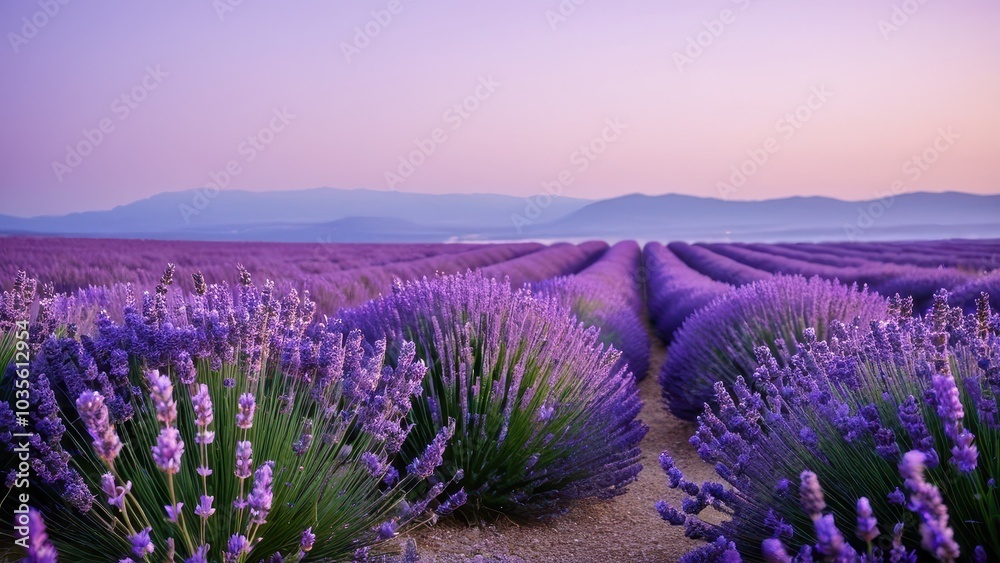 Obraz premium Immerse yourself in the calming effect of a lavender pastel purple aesthetic background, enhanced with delicate lavender flowers, offering a dreamy and tranquil visual experience