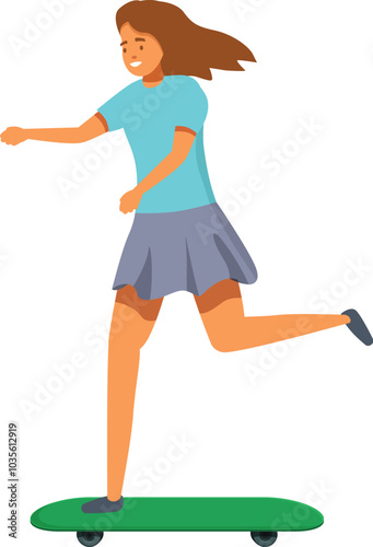 Young woman is joyfully riding a skateboard, enjoying a sunny day outdoors