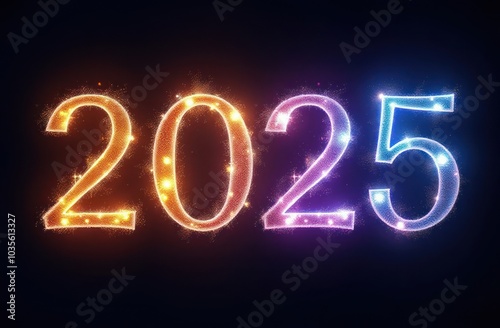 2025 Celebration with Fireworks and Bokeh Lights. Ideal for New Year greeting cards, party invitations, or promotional materials for 2025 events.