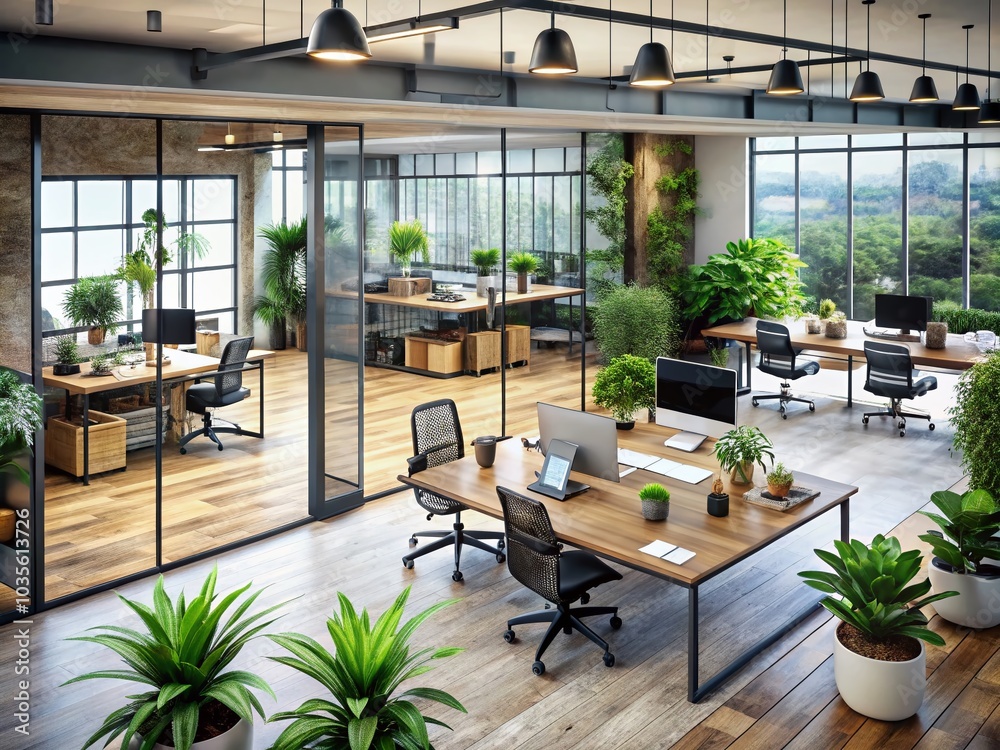 Naklejka premium Aerial View of Modern Office Space with Chairs and Desks Through Glass Doors for Professional Environments