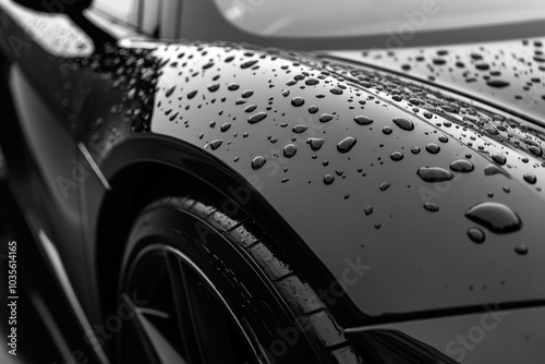 Black Car Paint: Closeup Surface with Hydrophobic Ceramic Coating for Water Drop Protection