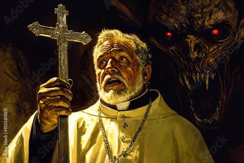 Priest with cross hunted by demon over shoulder, fantasy painting illustration art