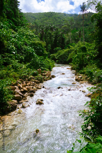 Cebu, Philippines. August 23, 2024. Turquoise waters rushing from the Kawasan Falls.