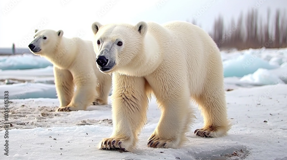 Pair of Majestic Polar Bears Standing on Frozen Arctic Tundra Landscape Pair of Majestic Polar Bears Standing on Frozen Arctic Tundra Landscape