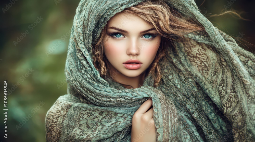 Enigmatic beauty wearing patterned scarf in natural setting Enigmatic beauty wearing patterned scarf in natural setting