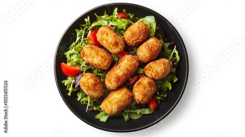 A plate of crispy croquettes served on a bed of fresh salad with cherry tomatoes.